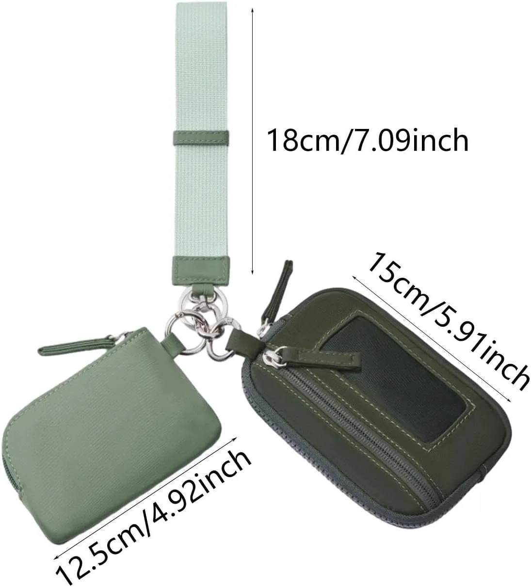 Keychain Wristlet Wallet Purse Card Storage with Zipper Bag Double Pouch Women Men for Traveling Street Fishing Shopping Hiking, Green