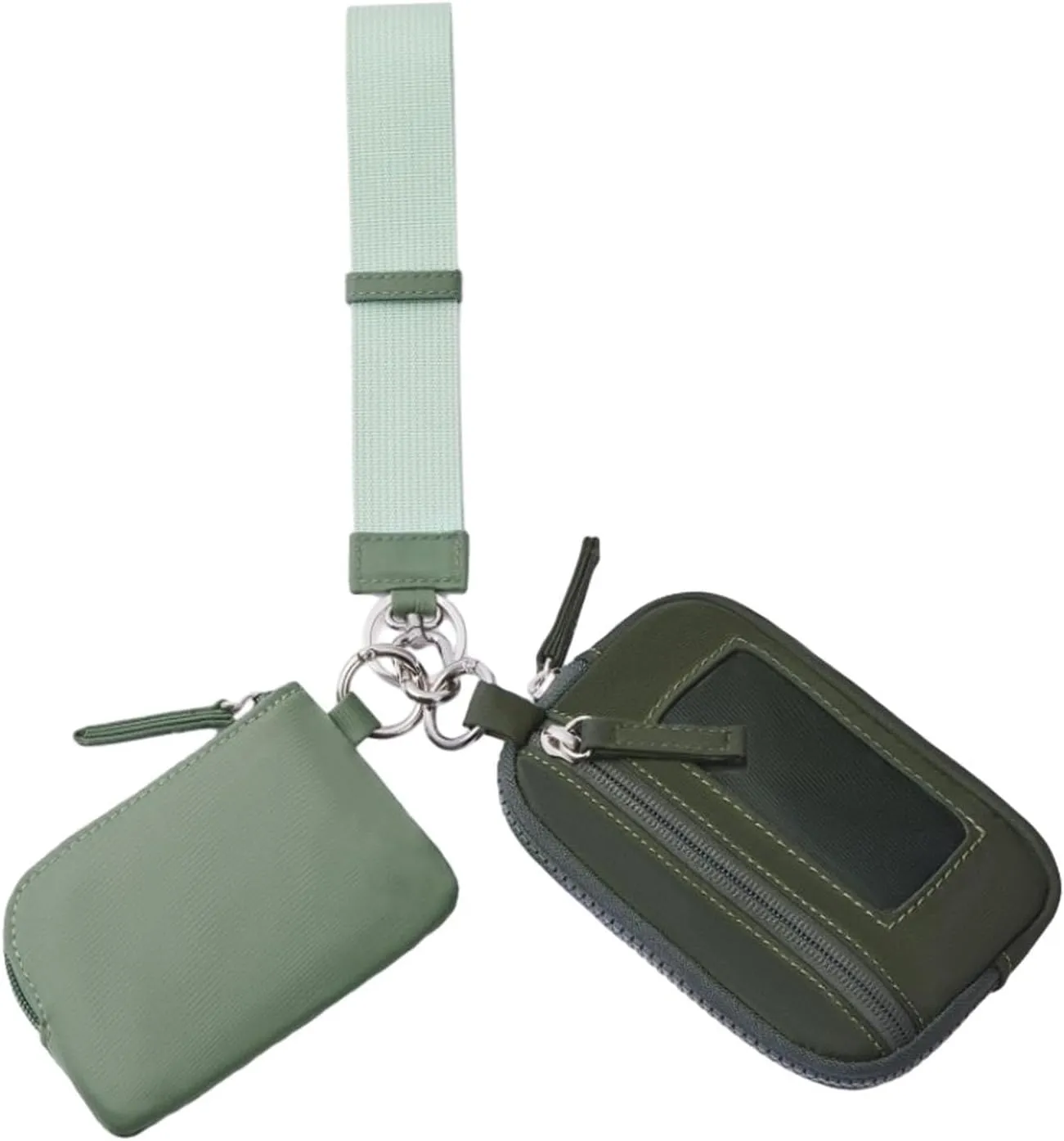 Keychain Wristlet Wallet Purse Card Storage with Zipper Bag Double Pouch Women Men for Traveling Street Fishing Shopping Hiking, Green