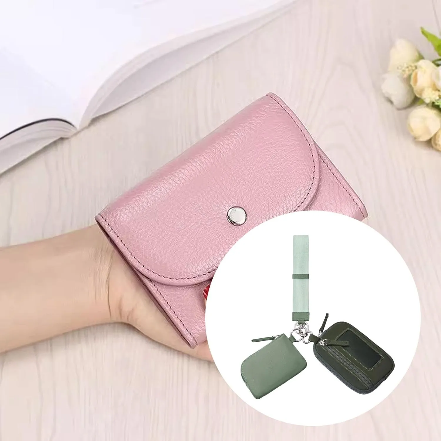 Keychain Wristlet Wallet Purse Card Storage with Zipper Bag Double Pouch Women Men for Traveling Street Fishing Shopping Hiking, Green
