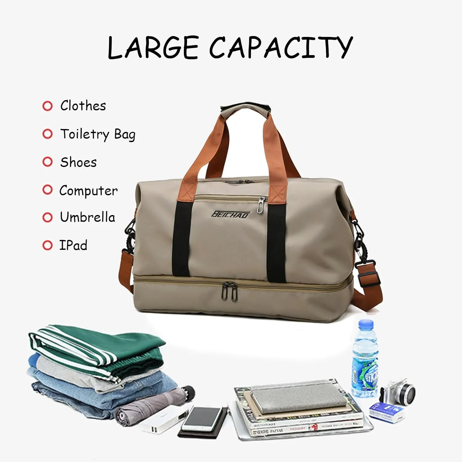 Khaki Weekender Bags for Women - Travel/Duffel Overnight Carry On & Gym Bags With Shoe Compartment & Wet Pocket