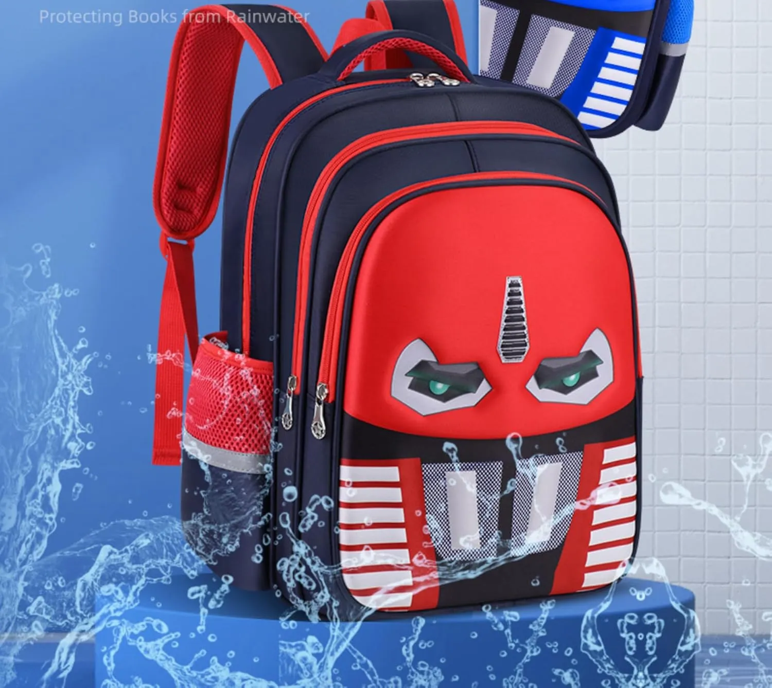 Kid Boys Backpack Waterproof Children Snack Bag 3D Print Comic Cartoon Primary School Bag Kindergarten Backpack (red)