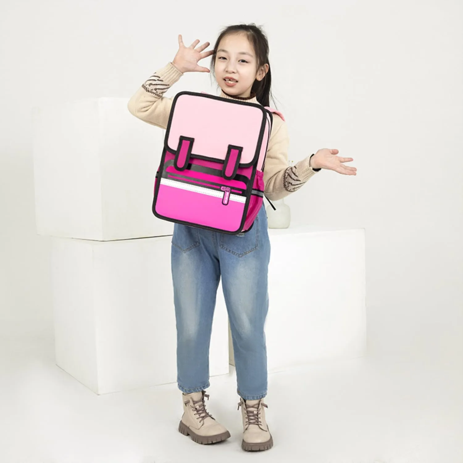 Kid Boys Girls Backpack Waterproof Children Snack Bag Jump Style 3D Primary School Bag Kindergarten Backpack (Pink)