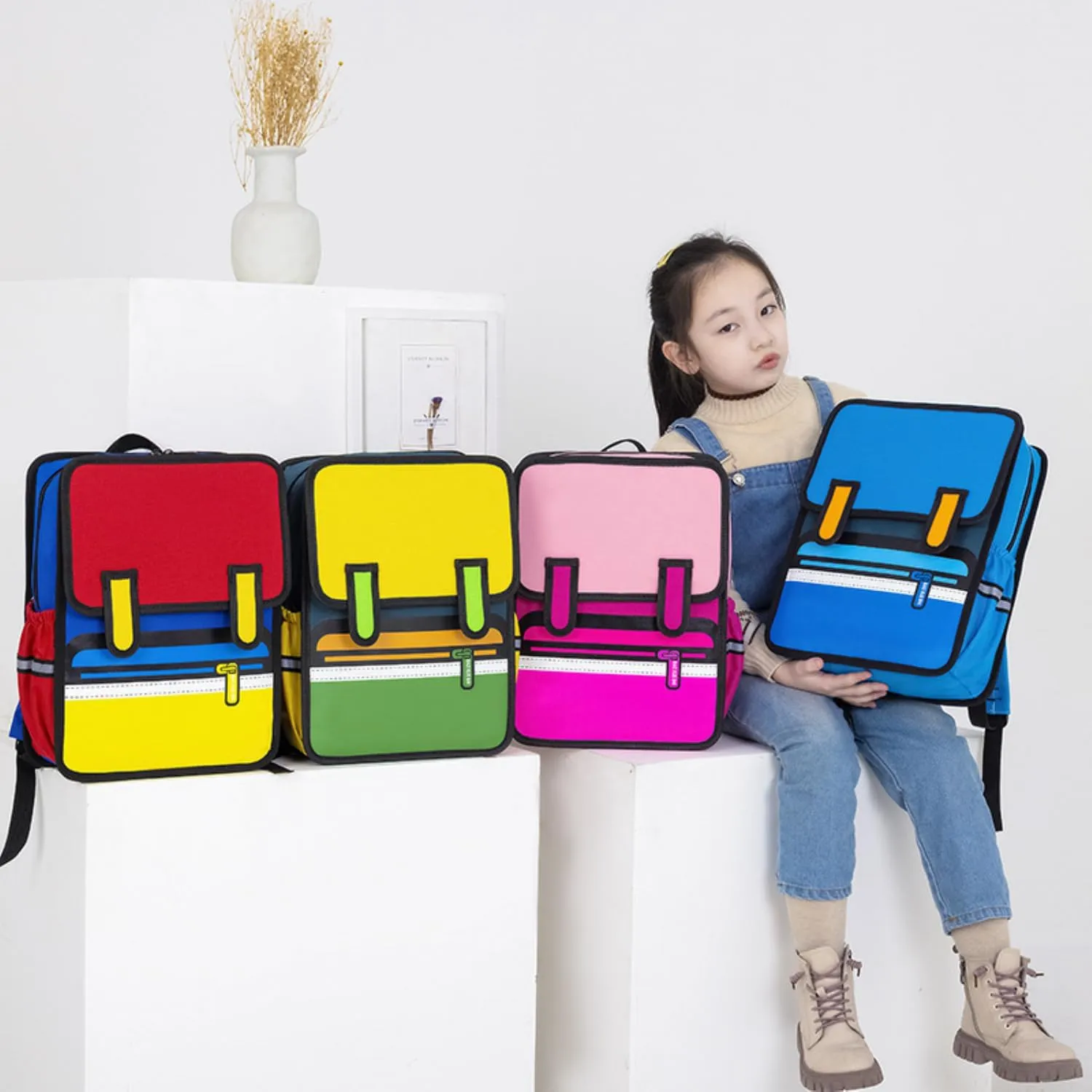 Kid Boys Girls Backpack Waterproof Children Snack Bag Jump Style 3D Primary School Bag Kindergarten Backpack (Pink)