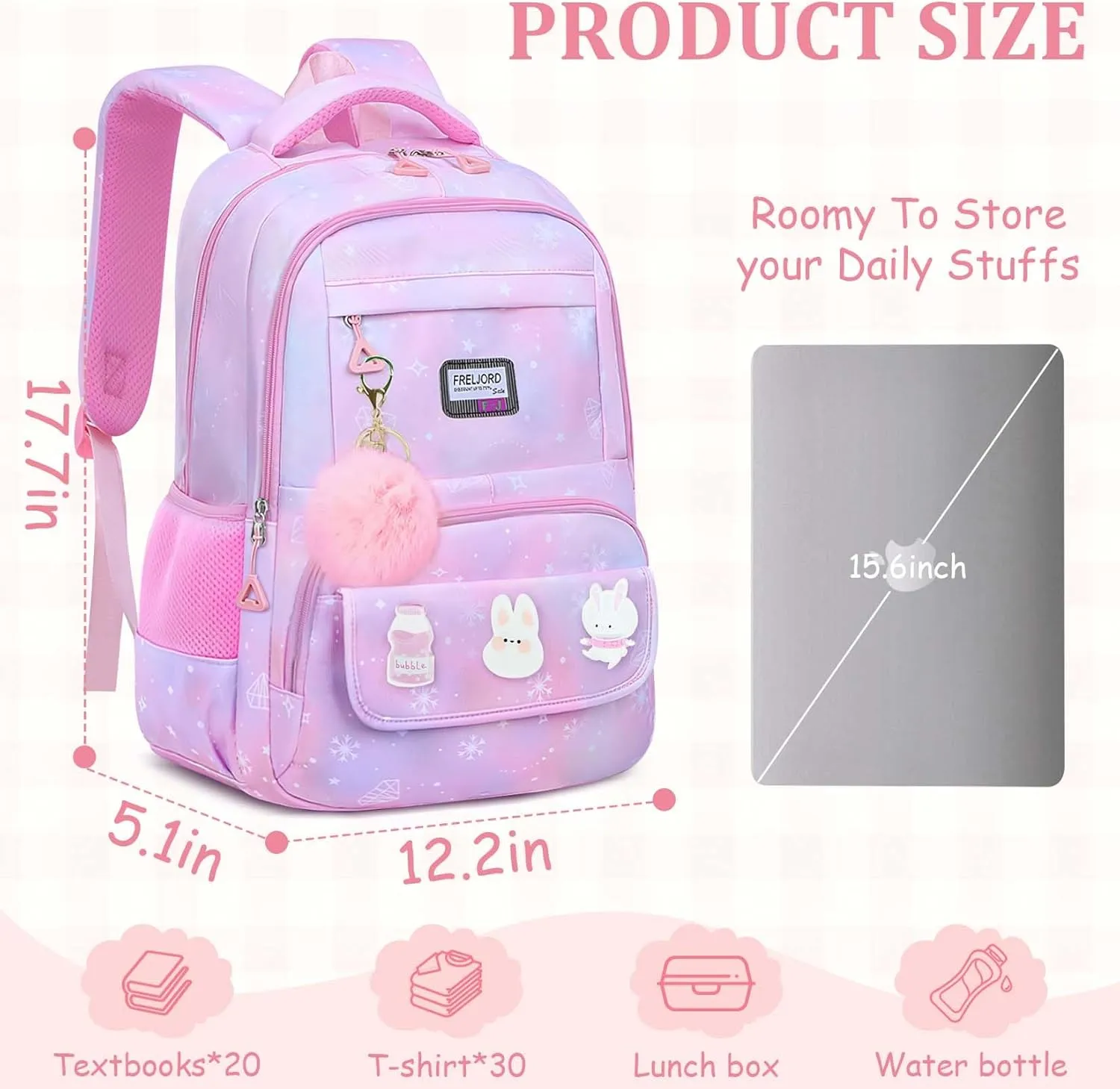 Kids Backpacks for Girls - Cute Girls Backpack for Elementary, Middle and High School Students - Lightweight 18" Bookbag for Travel and Daily Use