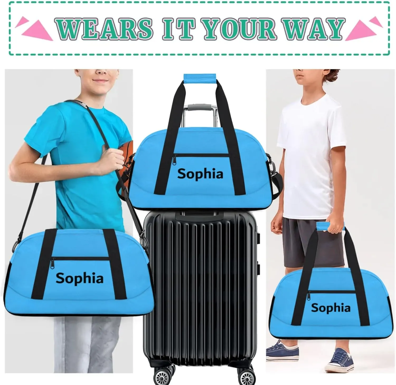 Kids-Duffel-Bag Small Blue Dance-Bag for Girls Custom Gymnastics Bag for Boys Girls Kids