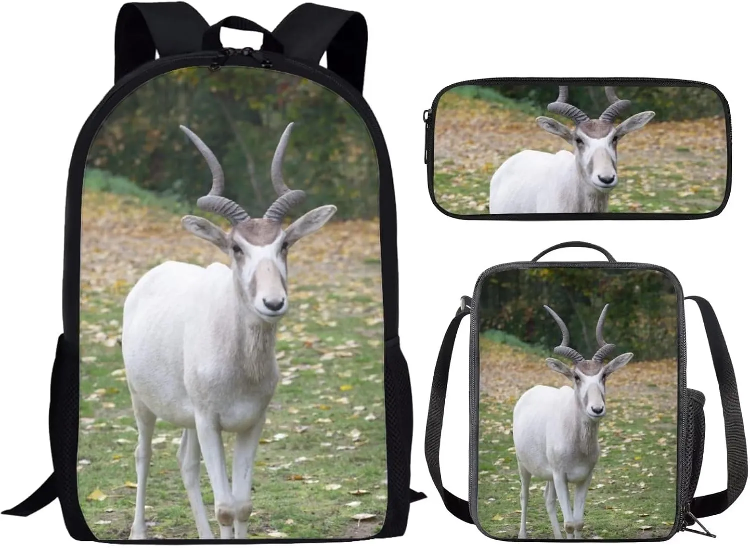 Kids Novelty Animal Backpack and Lunch Box for Boys Girls Student Lightweight 17 Inch School Addax Backpack with Lunch Bag Pencil Case Kids Comfy Padded Black Large Bookbag