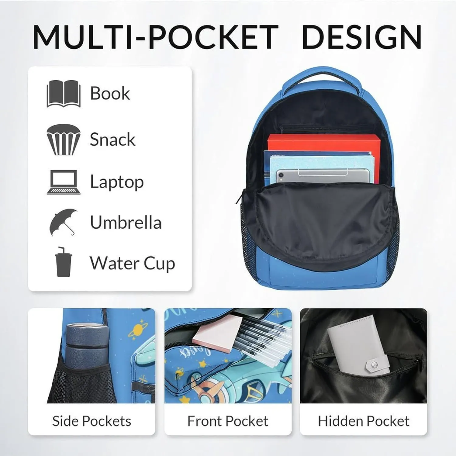 Kids School Backpack - 17 Inch Cute Airplane Bookbag for Boys - Durable Blue School Bag for Travel & Elementary