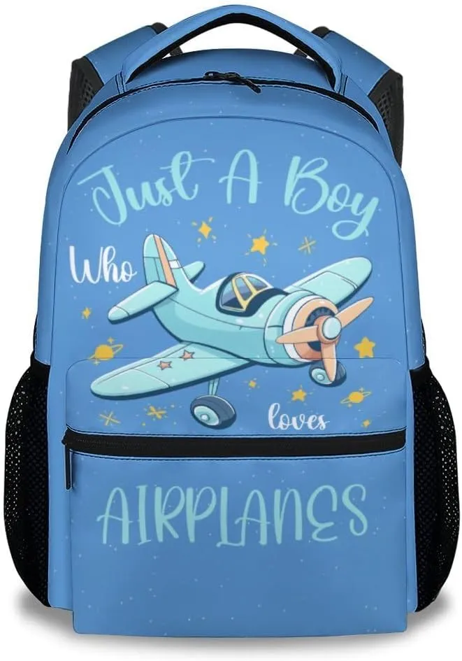 Kids School Backpack - 17 Inch Cute Airplane Bookbag for Boys - Durable Blue School Bag for Travel & Elementary