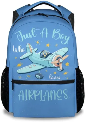 Kids School Backpack - 17 Inch Cute Airplane Bookbag for Boys - Durable Blue School Bag for Travel & Elementary