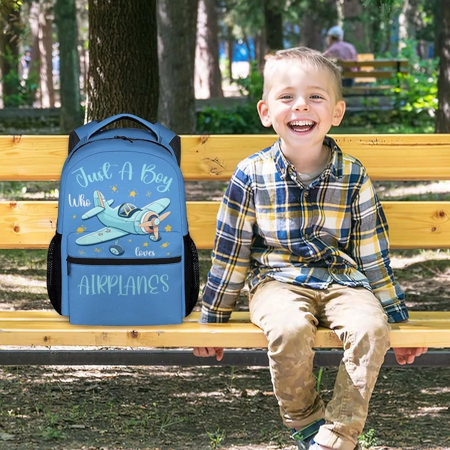 Kids School Backpack - 17 Inch Cute Airplane Bookbag for Boys - Durable Blue School Bag for Travel & Elementary