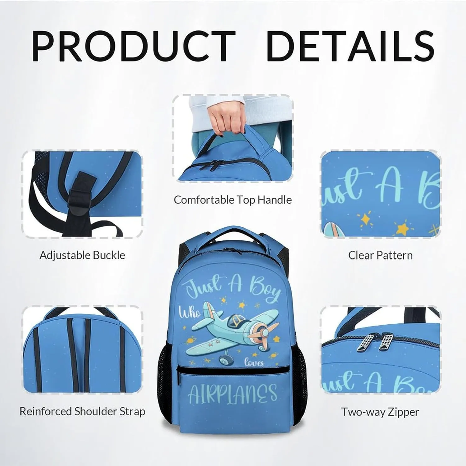 Kids School Backpack - 17 Inch Cute Airplane Bookbag for Boys - Durable Blue School Bag for Travel & Elementary