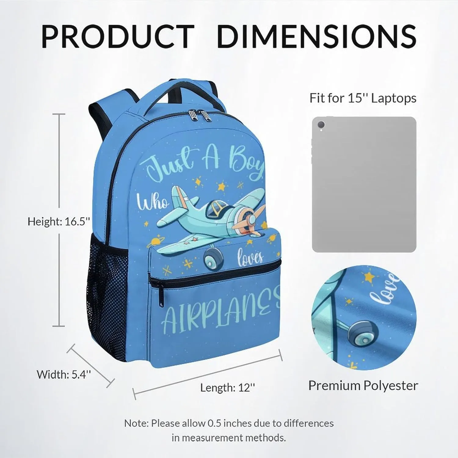 Kids School Backpack - 17 Inch Cute Airplane Bookbag for Boys - Durable Blue School Bag for Travel & Elementary