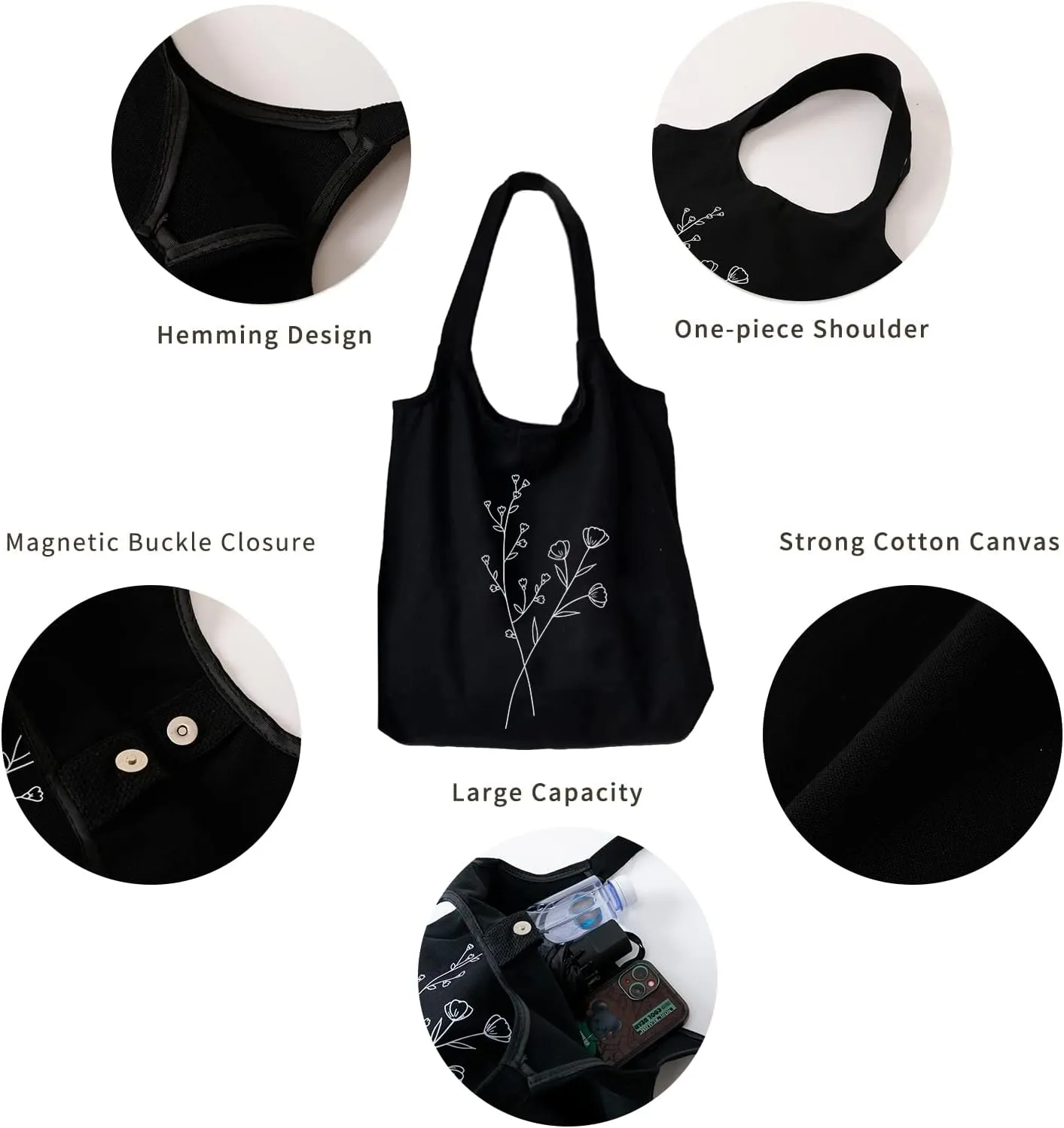 KIEKIECOO Canvas Tote Bag Black Aesthetic Personalized Custom Reusable Grocery Bags Floral Line Art Shopping Shoulder Bag