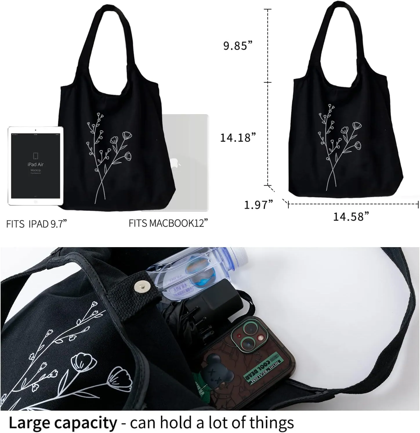 KIEKIECOO Canvas Tote Bag Black Aesthetic Personalized Custom Reusable Grocery Bags Floral Line Art Shopping Shoulder Bag