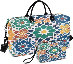 Kigai Mexican Tile Style Foldable Travel Duffel Bags,Sports Duffel Bags for Men Women,Weekender Overnight Bag Gym Tote Bag with Toiletry Bag