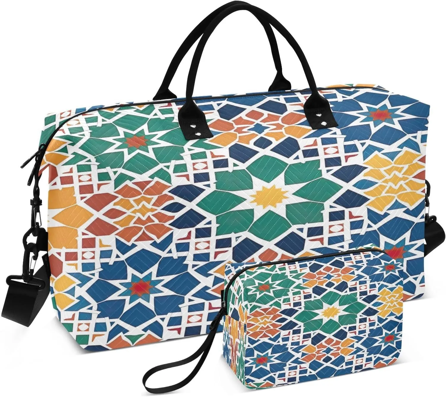 Kigai Mexican Tile Style Foldable Travel Duffel Bags,Sports Duffel Bags for Men Women,Weekender Overnight Bag Gym Tote Bag with Toiletry Bag