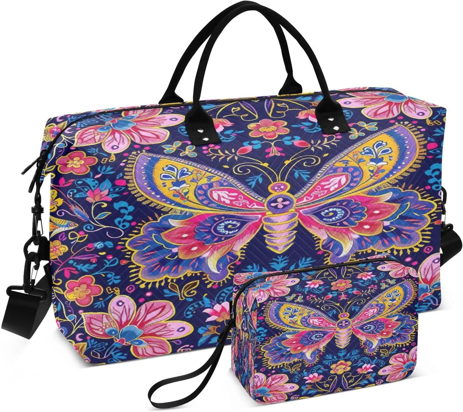 Kigai Russian Style Floral Patterns Travel Duffel Bags 2PCS,Sports Duffel Bags for Men Women,Weekender Overnight Bag Gym Tote Bag with Toiletry Bag