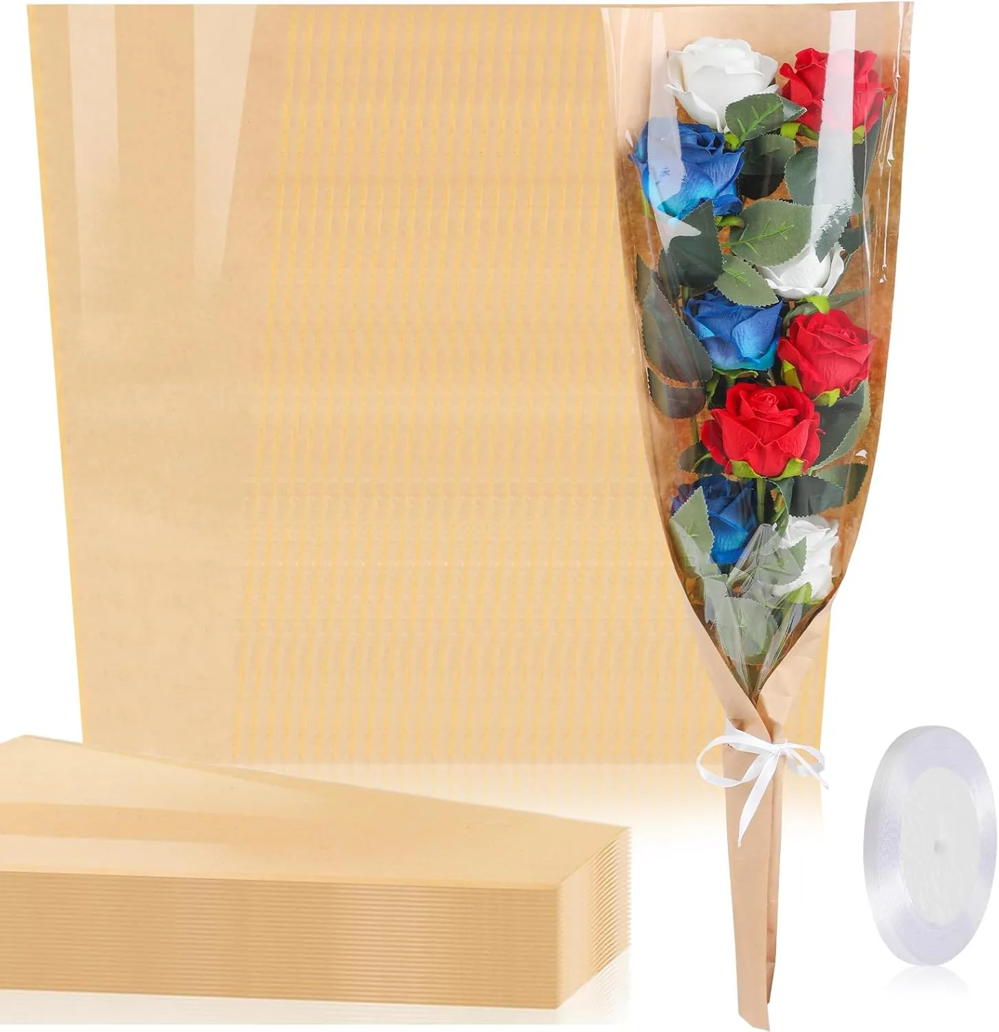 KIMOBER 50PCS Flower Bouquet Bags, Clear Cellophane Floral Sleeve with Ribbon, 24.8 * 8.7 Inches, Wedding, Birthday, Mother's Day, Multiple Special Occasions