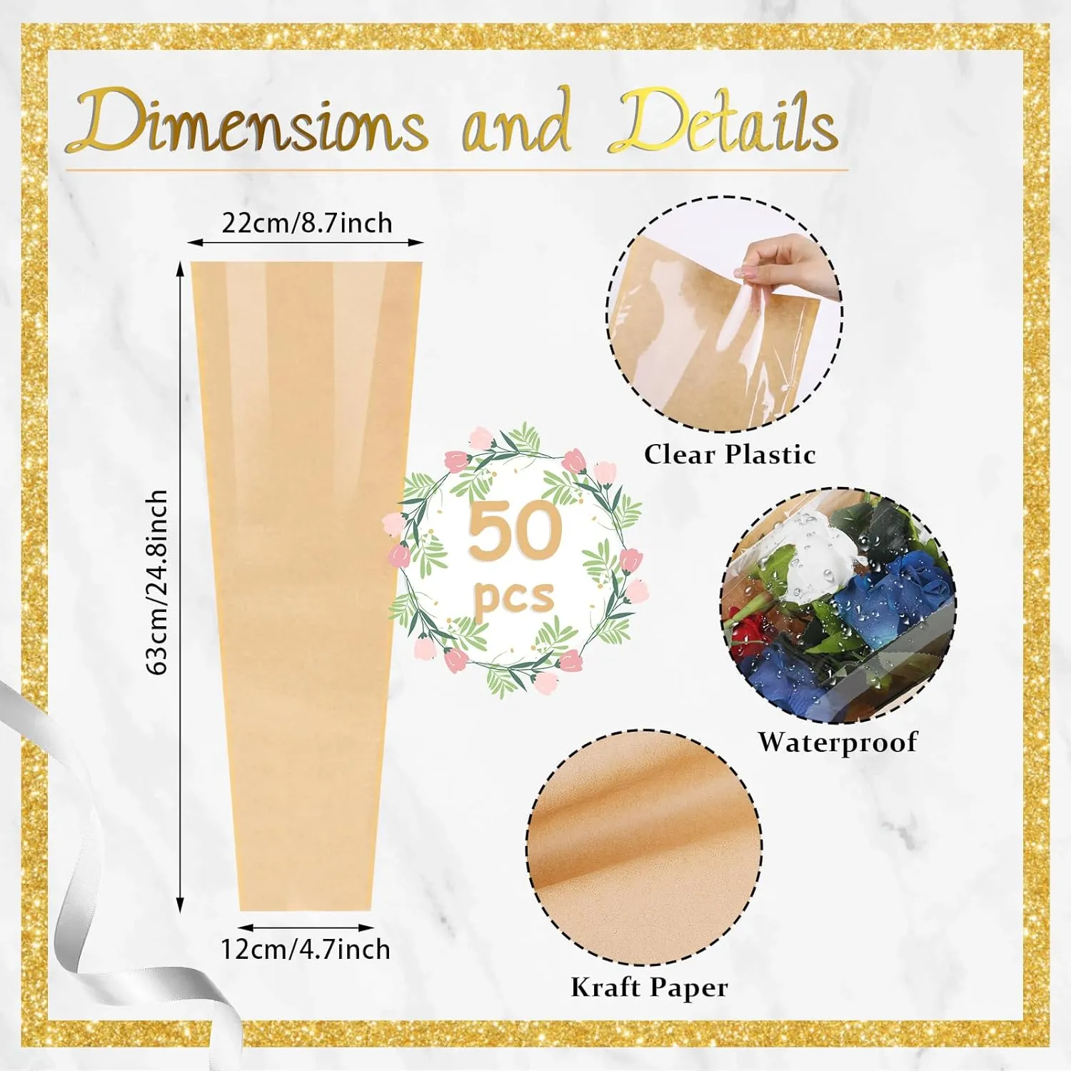 KIMOBER 50PCS Flower Bouquet Bags, Clear Cellophane Floral Sleeve with Ribbon, 24.8 * 8.7 Inches, Wedding, Birthday, Mother's Day, Multiple Special Occasions
