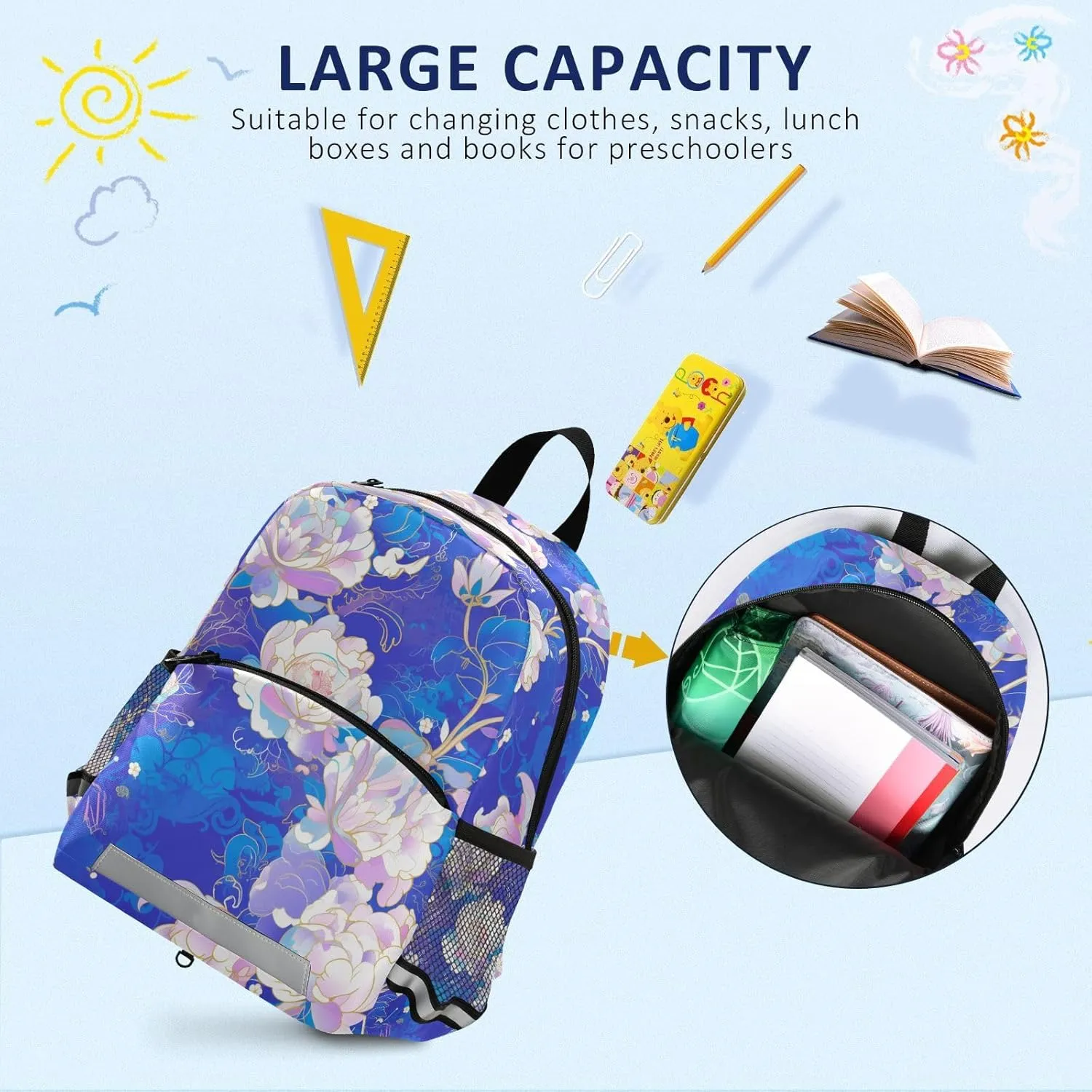 KLL Elementary Backpack for Girls Cute Lightweight Bookbag Travel Outdoor Daypack, Floral Indonesian Batik Motif Cobalt