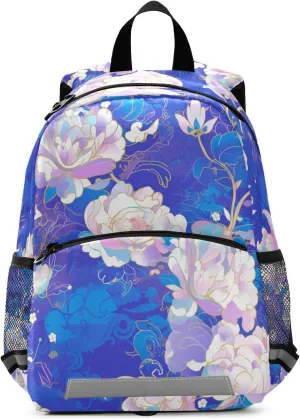 KLL Elementary Backpack for Girls Cute Lightweight Bookbag Travel Outdoor Daypack, Floral Indonesian Batik Motif Cobalt
