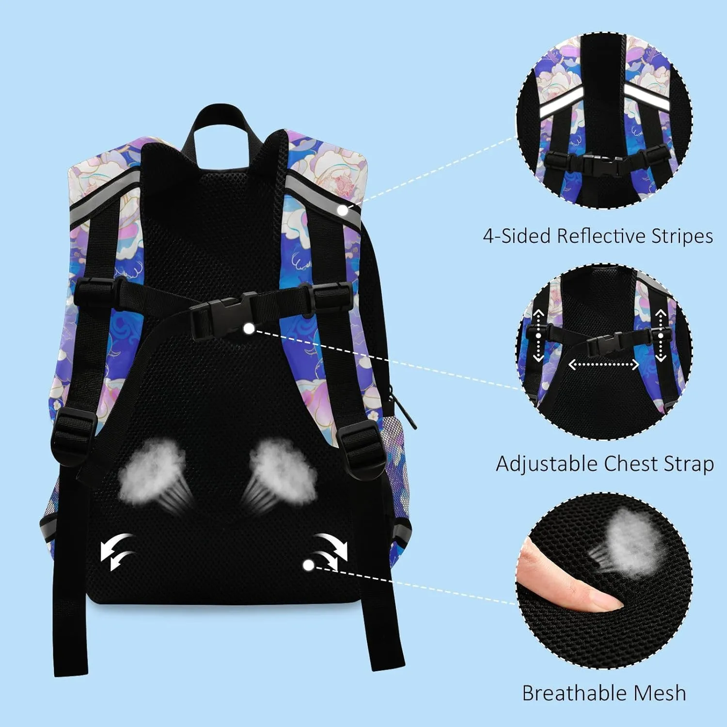 KLL Elementary Backpack for Girls Cute Lightweight Bookbag Travel Outdoor Daypack, Floral Indonesian Batik Motif Cobalt