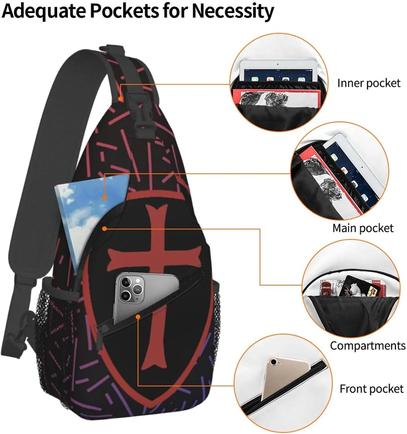 Knights Templar Cross Shield Small Crossbody Backpack Sling Bag For Men Women Mini One Shoulder Chest Bags Gym Sport Travel Hiking Daypack
