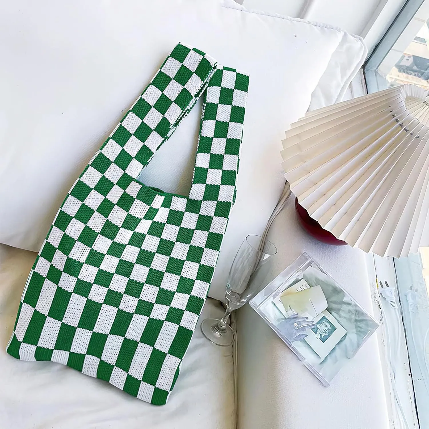 Knitted Tote Bag for Women Small Crochet Bag Checkered Striped Parttern Boho Woven Handbag Shopping Bag