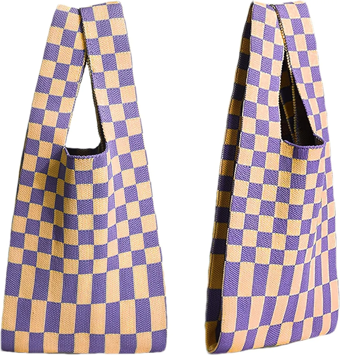 Knitted Tote Bag for Women Small Crochet Bag Checkered Striped Parttern Boho Woven Handbag Shopping Bag