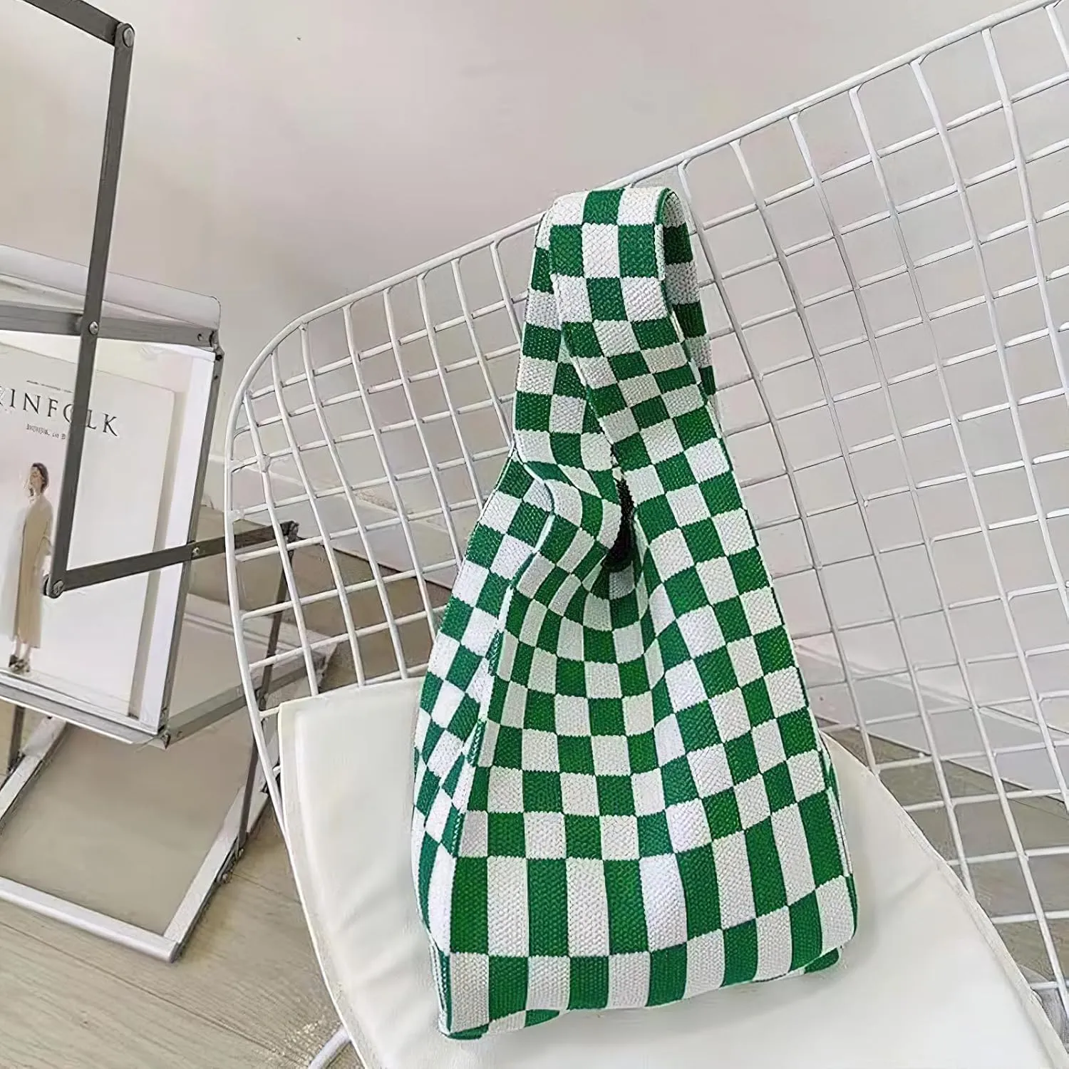 Knitted Tote Bag for Women Small Crochet Bag Checkered Striped Parttern Boho Woven Handbag Shopping Bag