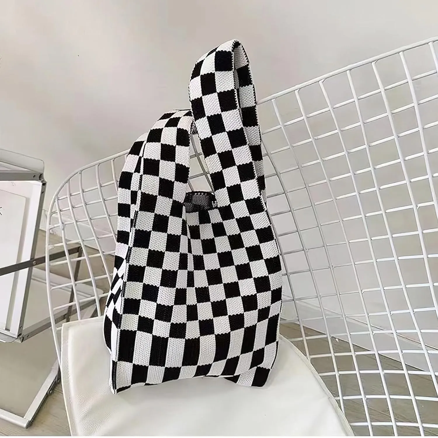 Knitted Tote Bag for Women Small Crochet Bag Checkered Striped Parttern Boho Woven Handbag Shopping Bag
