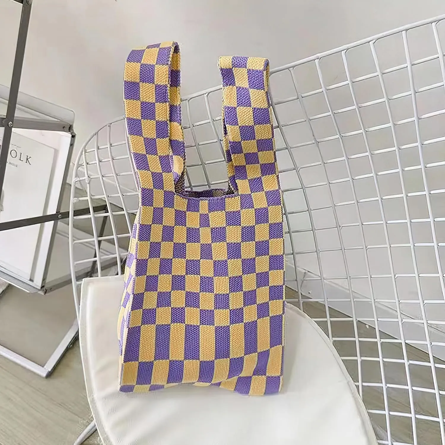 Knitted Tote Bag for Women Small Crochet Bag Checkered Striped Parttern Boho Woven Handbag Shopping Bag