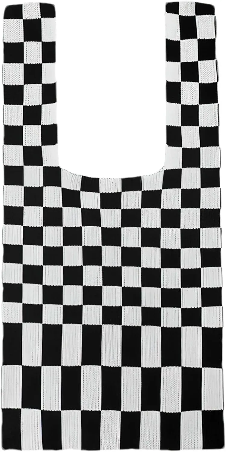 Knitted Tote Bag for Women Small Crochet Bag Checkered Striped Parttern Boho Woven Handbag Shopping Bag