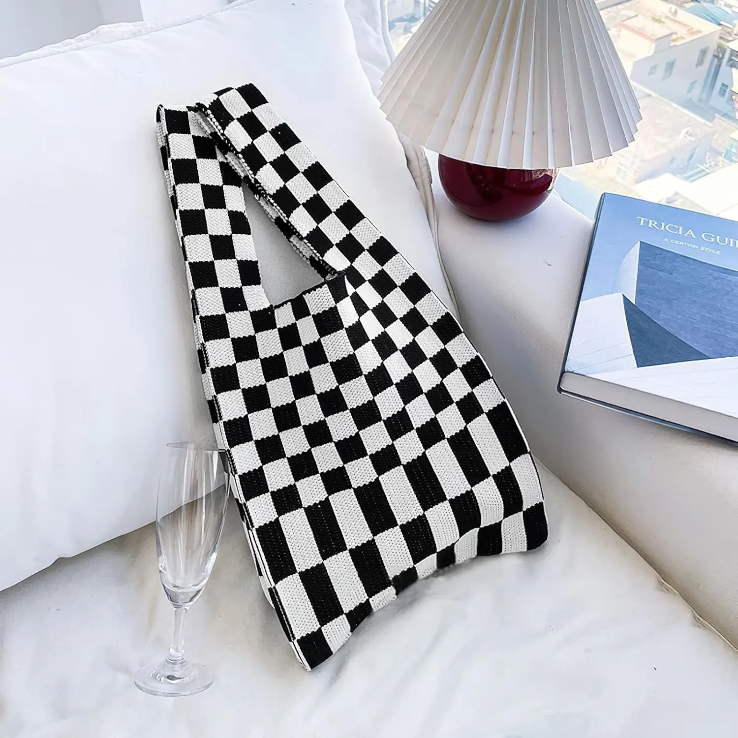 Knitted Tote Bag for Women Small Crochet Bag Checkered Striped Parttern Boho Woven Handbag Shopping Bag