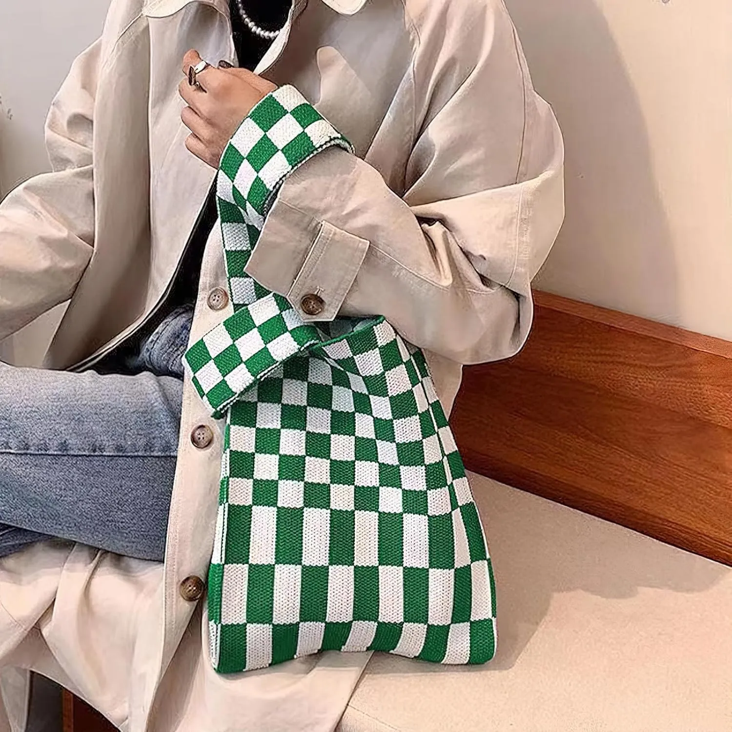 Knitted Tote Bag for Women Small Crochet Bag Checkered Striped Parttern Boho Woven Handbag Shopping Bag