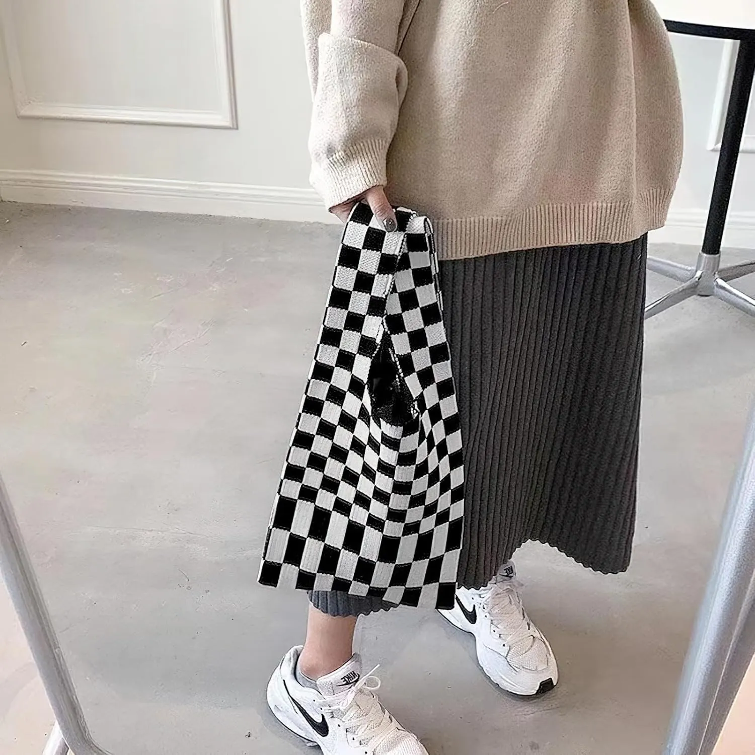 Knitted Tote Bag for Women Small Crochet Bag Checkered Striped Parttern Boho Woven Handbag Shopping Bag