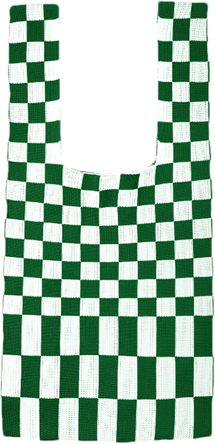 Knitted Tote Bag for Women Small Crochet Bag Checkered Striped Parttern Boho Woven Handbag Shopping Bag