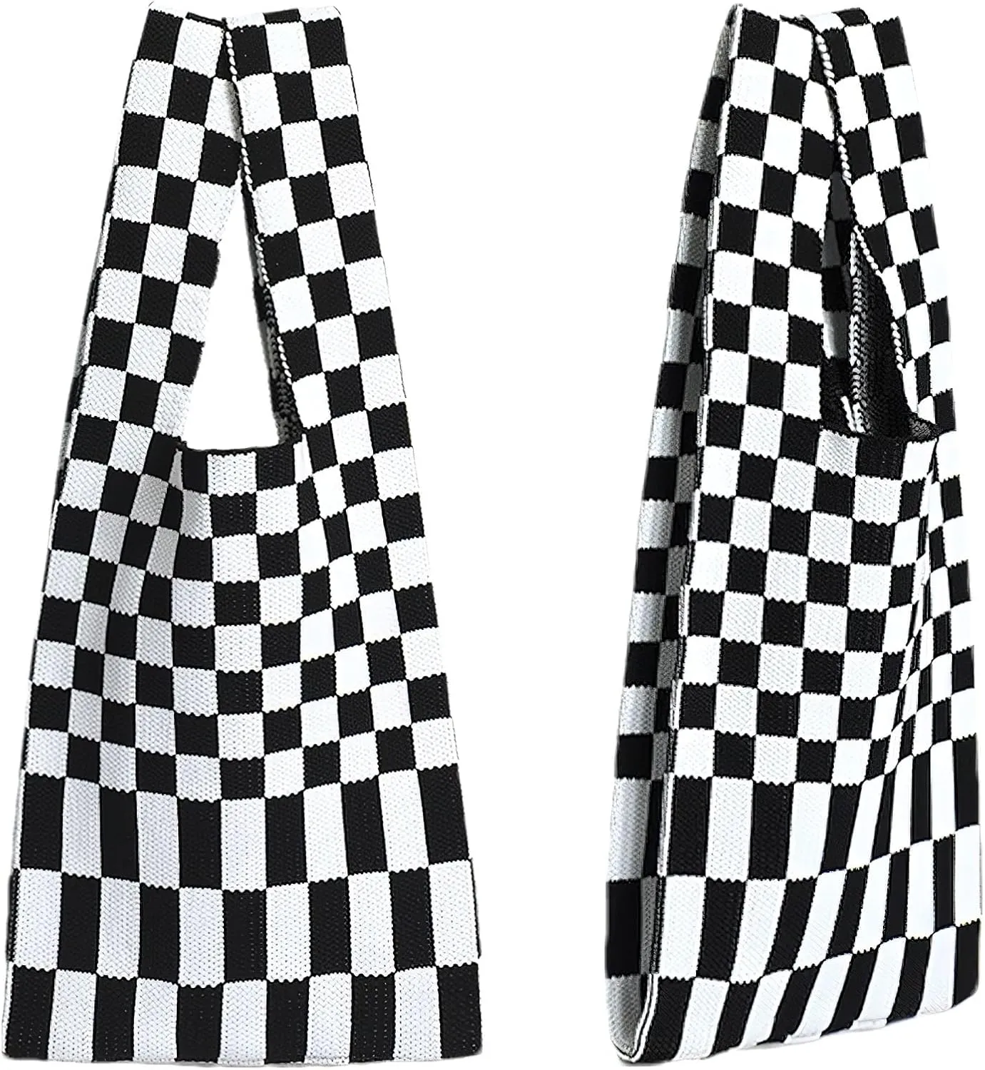 Knitted Tote Bag for Women Small Crochet Bag Checkered Striped Parttern Boho Woven Handbag Shopping Bag