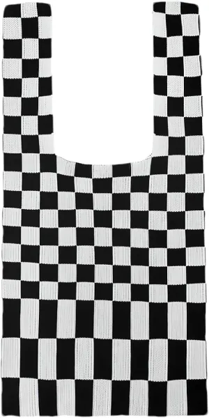Knitted Tote Bag for Women Small Crochet Bag Checkered Striped Parttern Boho Woven Handbag Shopping Bag