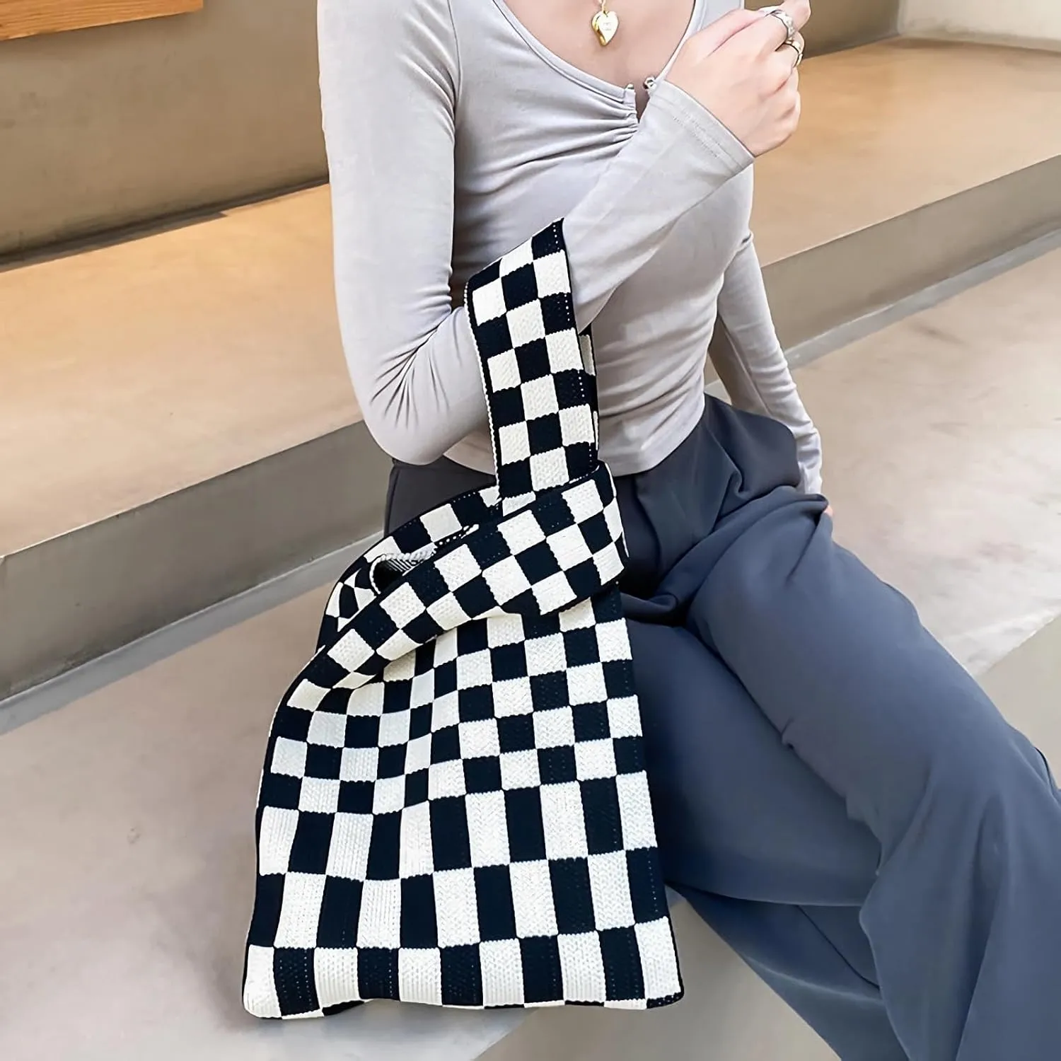 Knitted Tote Bag for Women Small Crochet Bag Checkered Striped Parttern Boho Woven Handbag Shopping Bag