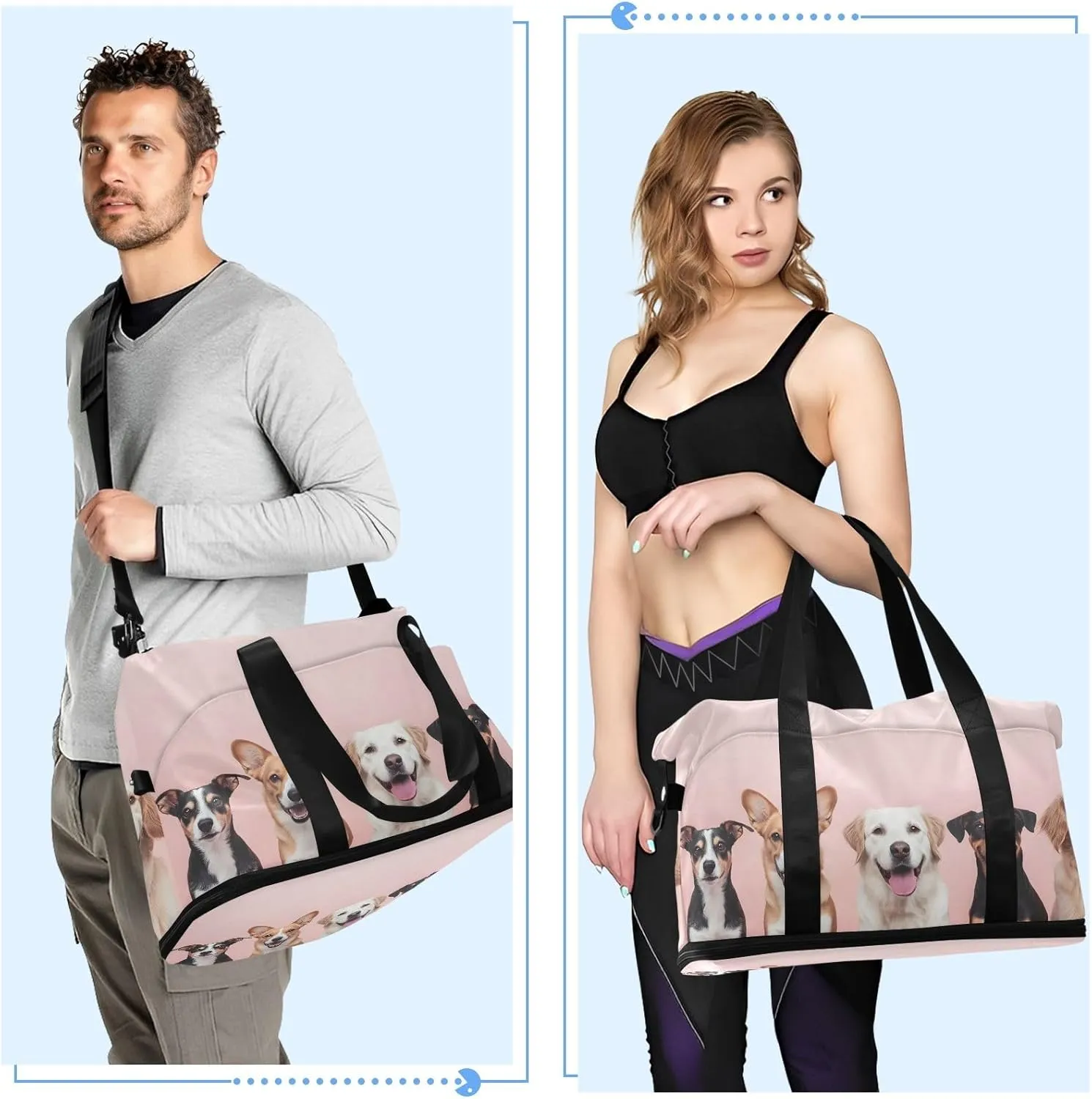 Knolling Of Various Worldwide Types Of Dogs Plain Colo Travel Duffel Bag Waterproof Gym Sport Tote Bag Carry On Weekender Bag with Compartment