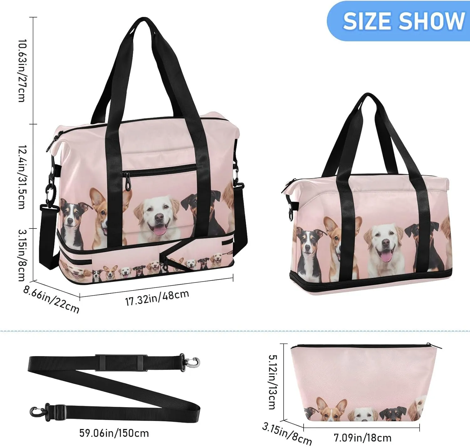 Knolling Of Various Worldwide Types Of Dogs Plain Colo Travel Duffel Bag Waterproof Gym Sport Tote Bag Carry On Weekender Bag with Compartment