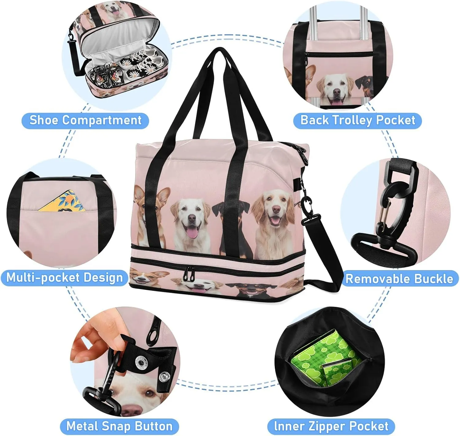 Knolling Of Various Worldwide Types Of Dogs Plain Colo Travel Duffel Bag Waterproof Gym Sport Tote Bag Carry On Weekender Bag with Compartment
