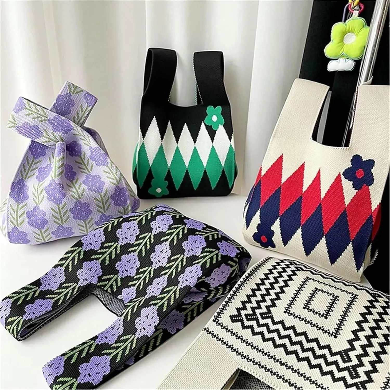 Knot Wrist Bag Flower Handmade Knit Handbags Women Knot Wrist Bag Casual Small Tote Bag Girls Reusable Shopping Bags