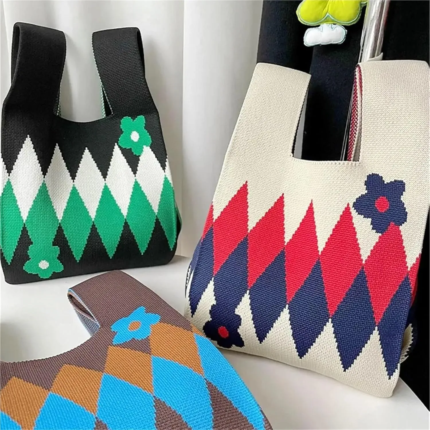 Knot Wrist Bag Flower Handmade Knit Handbags Women Knot Wrist Bag Casual Small Tote Bag Girls Reusable Shopping Bags