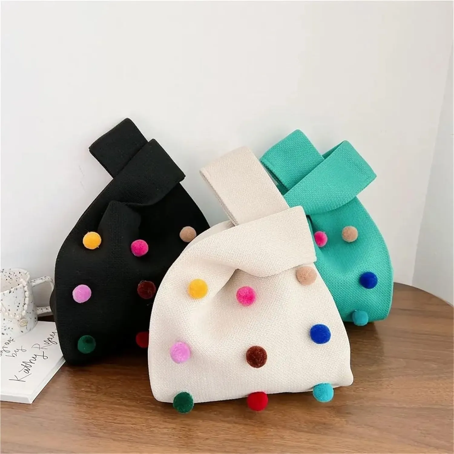 Knot Wrist Bag Mini Reusable Color Ball Shopping Bags Shoulder Bag Handmade Tote Bag Knit Handbag Knot Wrist Bag