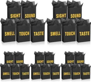 Kolldenn 25 Pcs / 5 Sets 5 Senses Gift Bags for Him Her Five Senses Kraft Gift Bags with Handles Present Wrappings for Birthday Anniversary Wedding Graduation Party Supplies(Black)