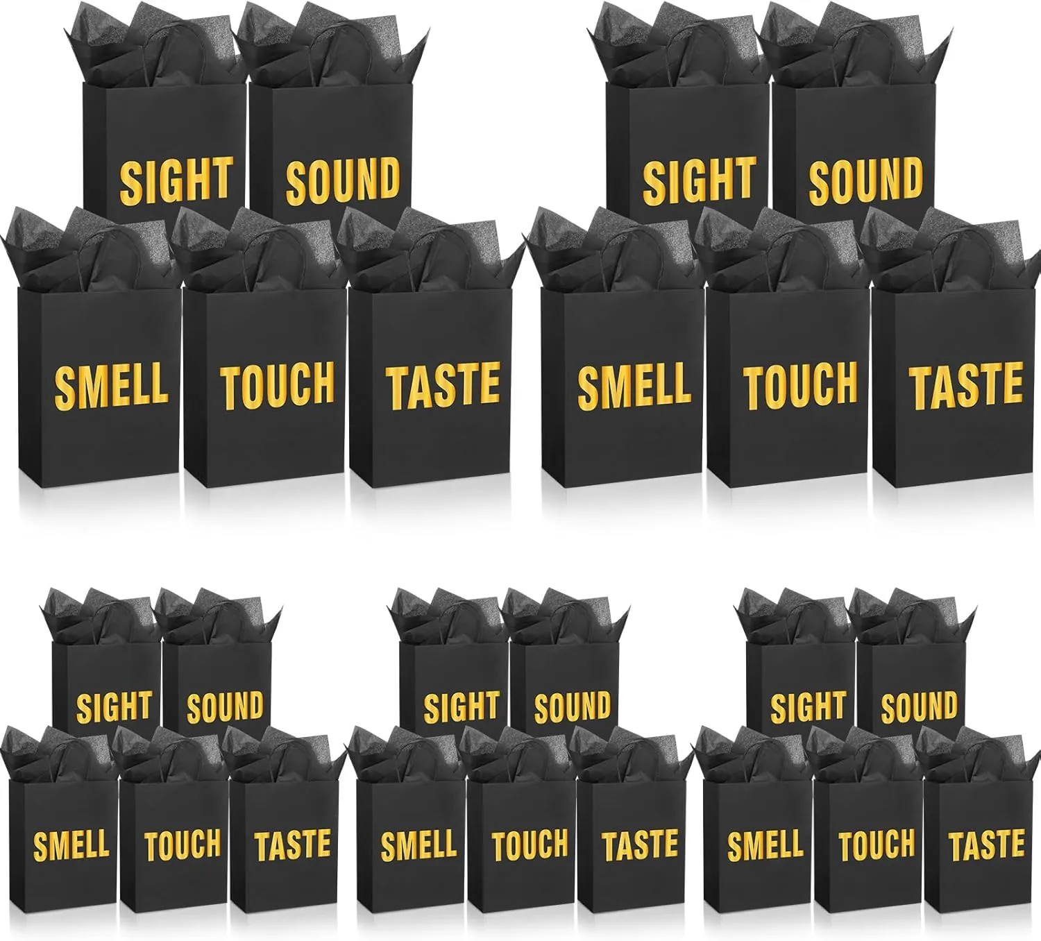 Kolldenn 25 Pcs / 5 Sets 5 Senses Gift Bags for Him Her Five Senses Kraft Gift Bags with Handles Present Wrappings for Birthday Anniversary Wedding Graduation Party Supplies(Black)