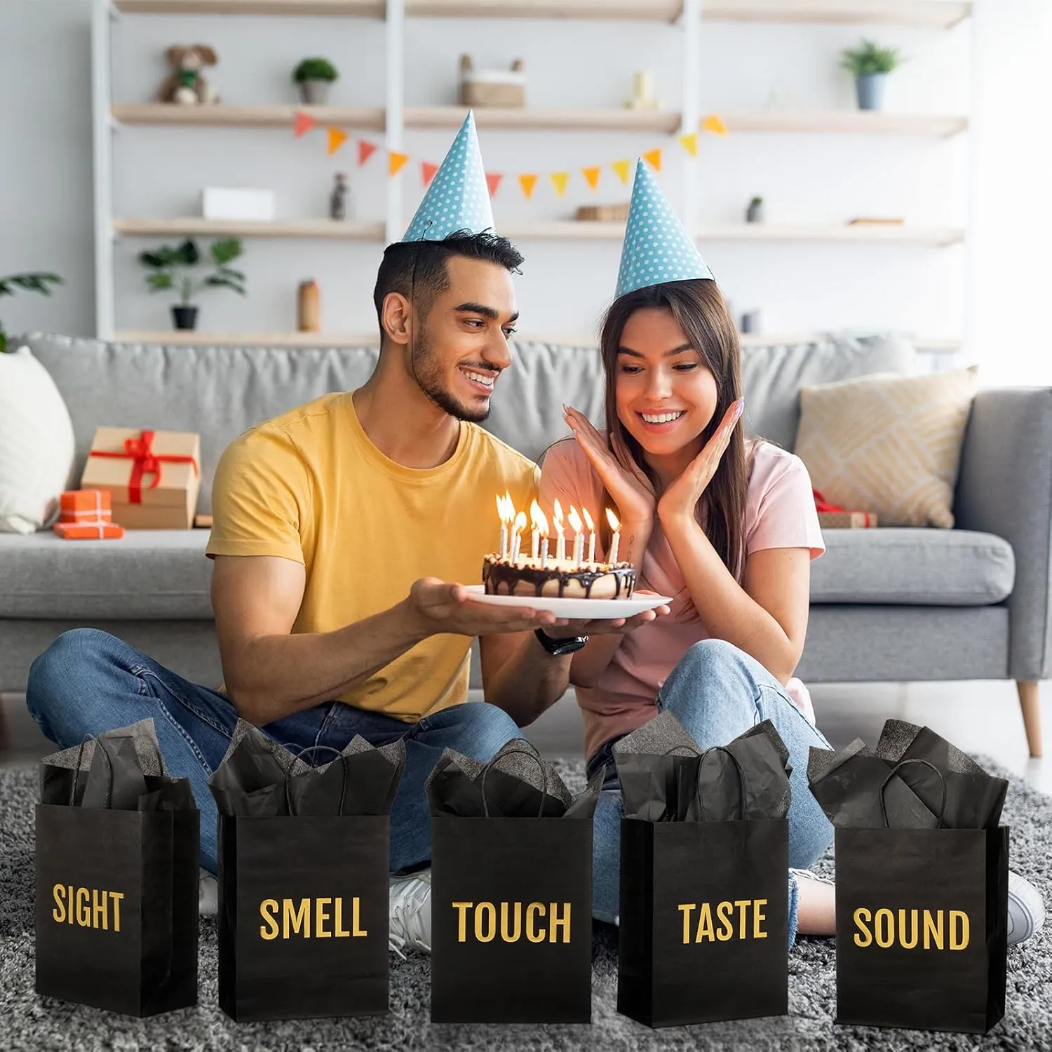 Kolldenn 5 Senses Gift Bags for Him for Her with 10 Pcs Tissue Paper, Paper Bags with Handles Five Senses Gifts for Valentines Christmas Birthday Wedding Anniversary(Black,8.3 x 4.3 x 10.6 Inch)
