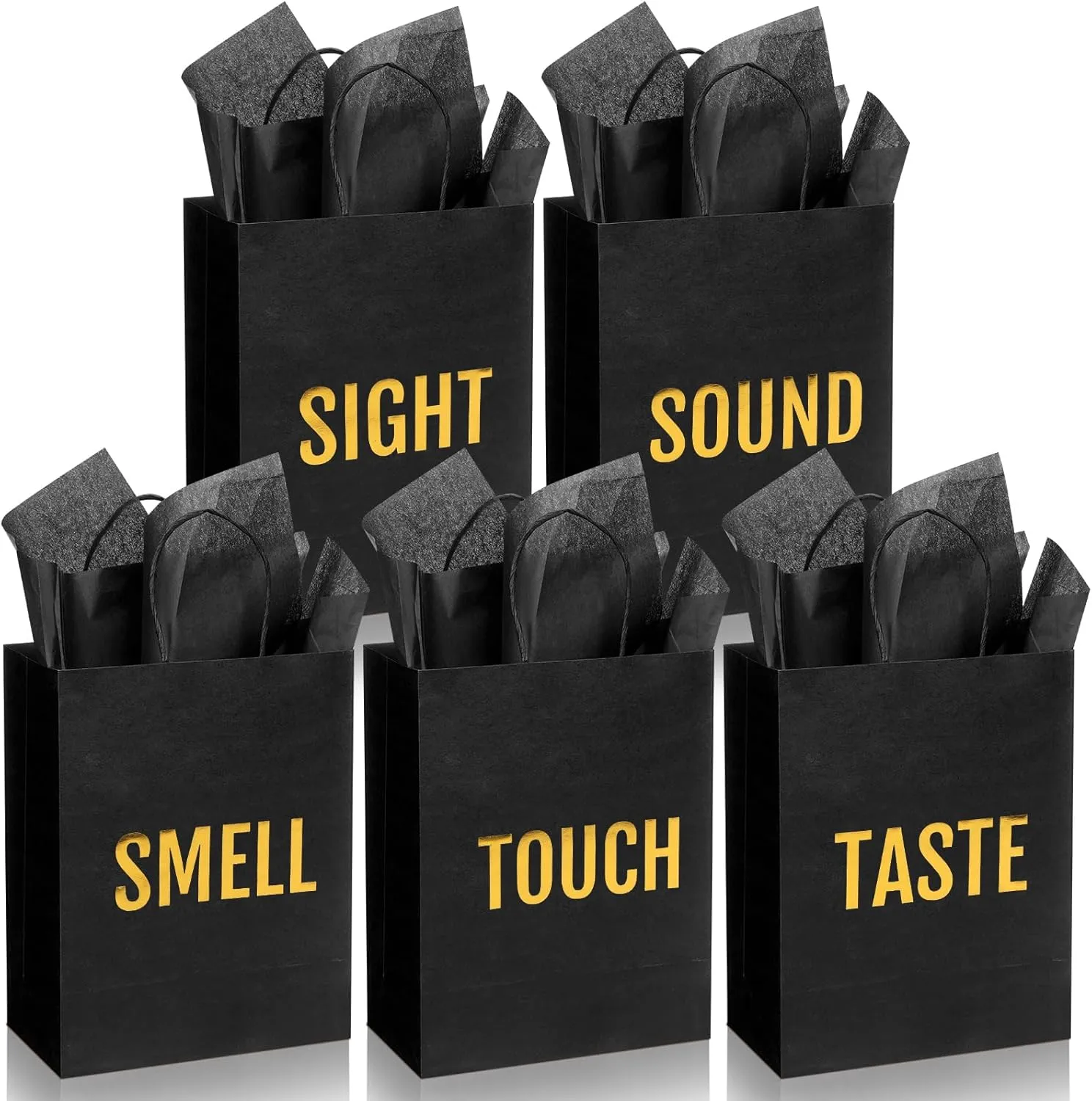 Kolldenn 5 Senses Gift Bags for Him for Her with 10 Pcs Tissue Paper, Paper Bags with Handles Five Senses Gifts for Valentines Christmas Birthday Wedding Anniversary(Black,8.3 x 4.3 x 10.6 Inch)